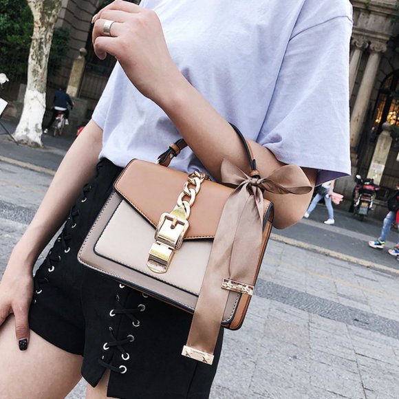 LAST Brown + Gold Ribbon Crossbody Bag Square Faux Leather Mini Purse - Picture 2 of 7